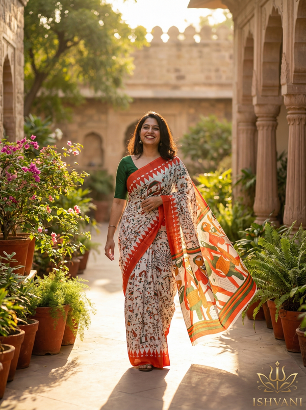 Warli Folk Art Printed Cotton Saree with Blouse Piece