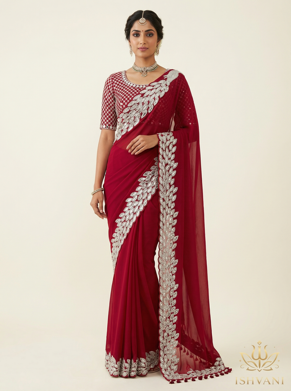crimson cutdana embroidered saree