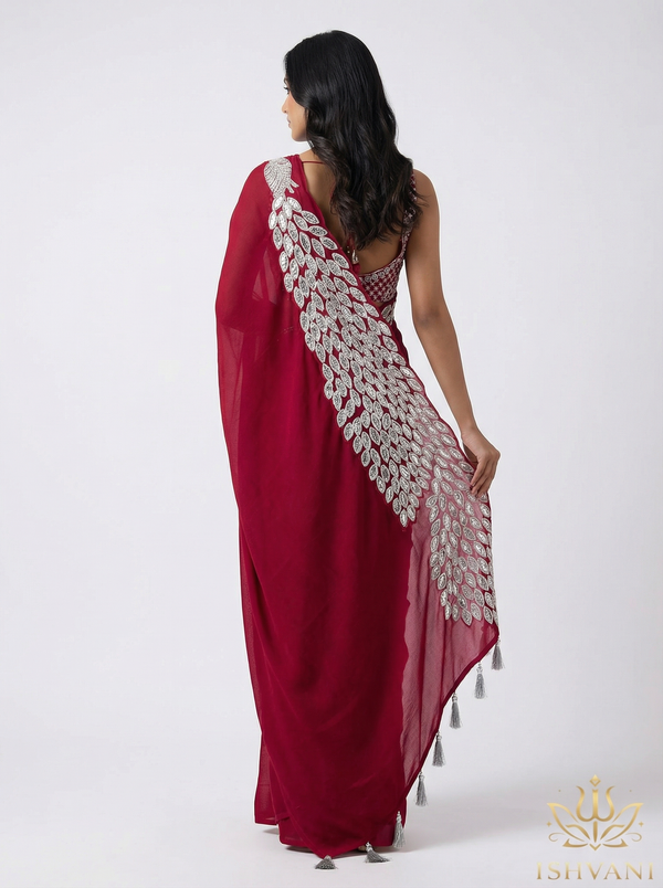 crimson cutdana embroidered saree